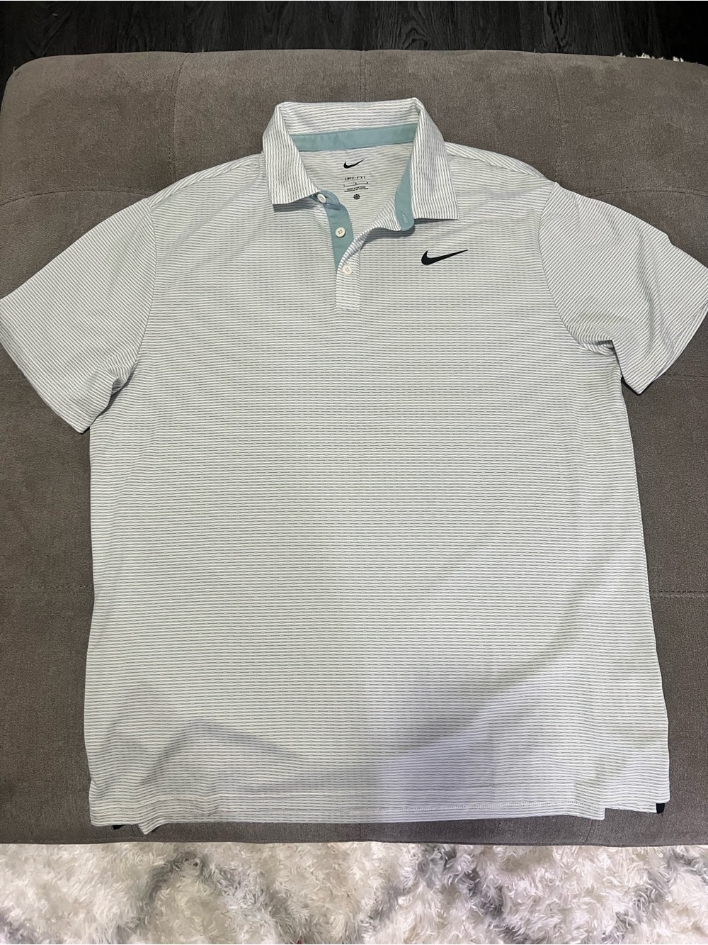 Nike Men’s Pale Blue Striped Polo with Black Swoosh